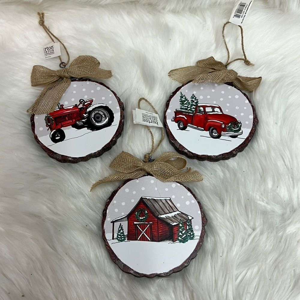 Set of‎ three Wooden Rustic Farm Chic Christmas ornaments